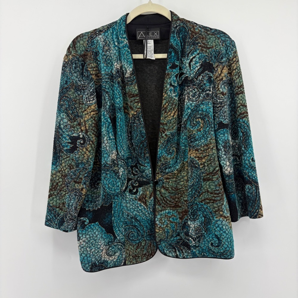 Alex Evenings Womens Large Teal Paisley Open Front Evening Jacket Satin Trim